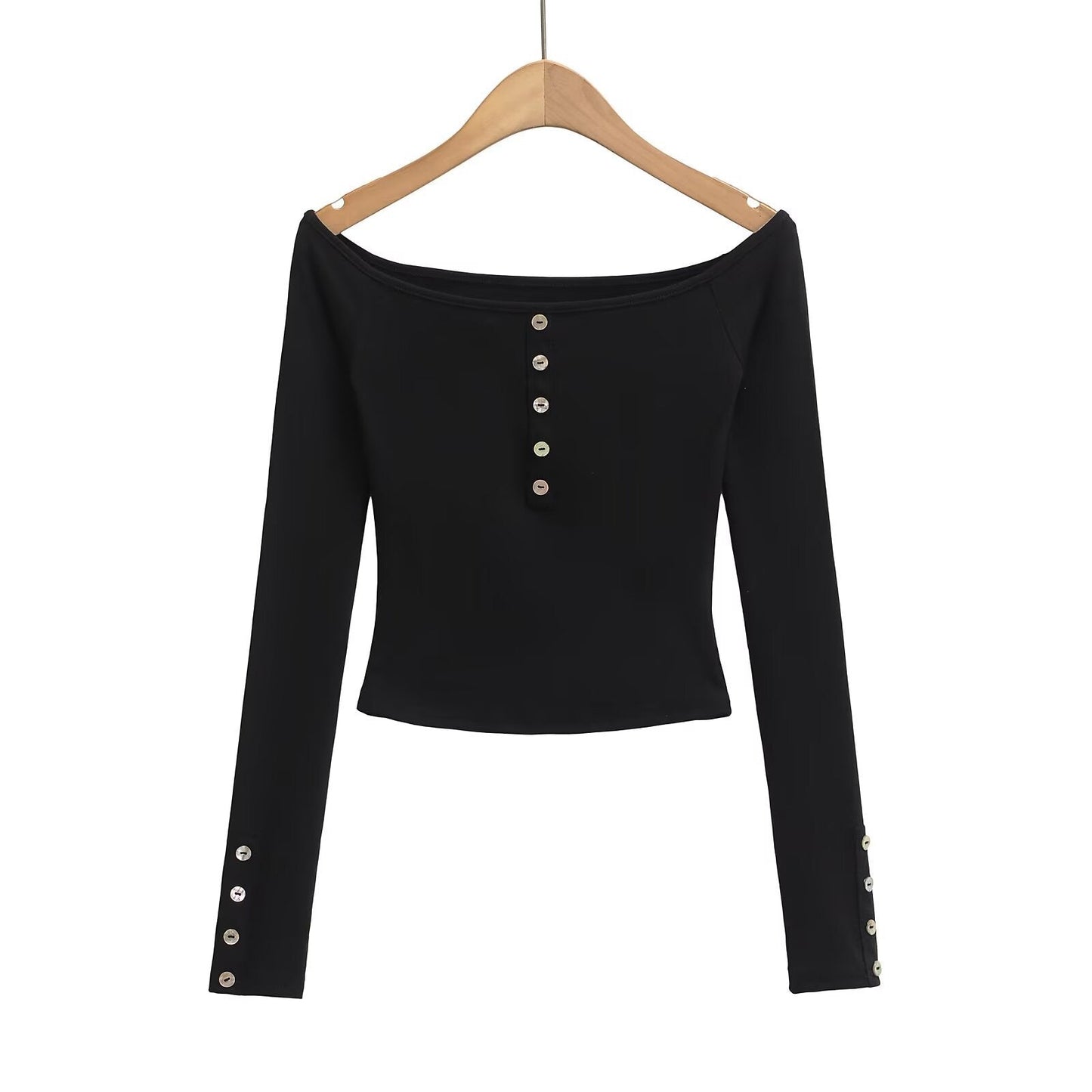 Kvinnors Off-Shoulder Topp med Knappdetaljer i Mjuk Blandning – Elegant Festtop, Normal Passform, Maskintvättbar 9