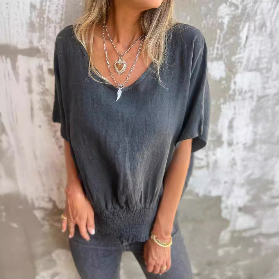 Kvinnors Topp V-ringning Volang Bomullslinne-3