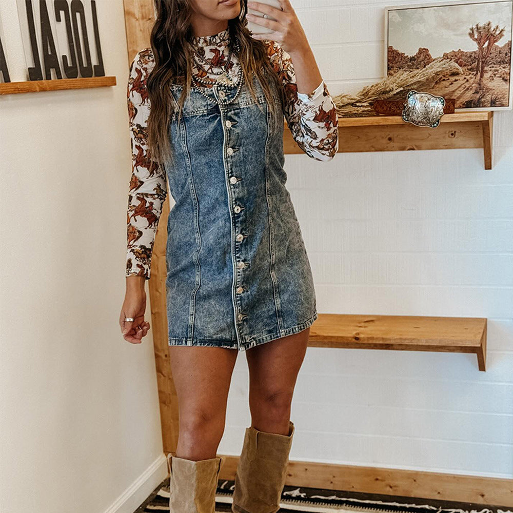 Dam Klänning A-Linje Spaghetti Band Denim Midi-3