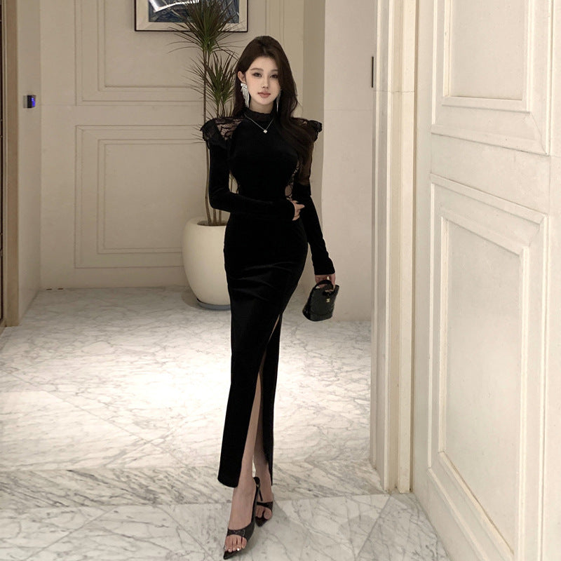 Maxiklänning Dam Halvhög Krage med Spalt i Polyester-4