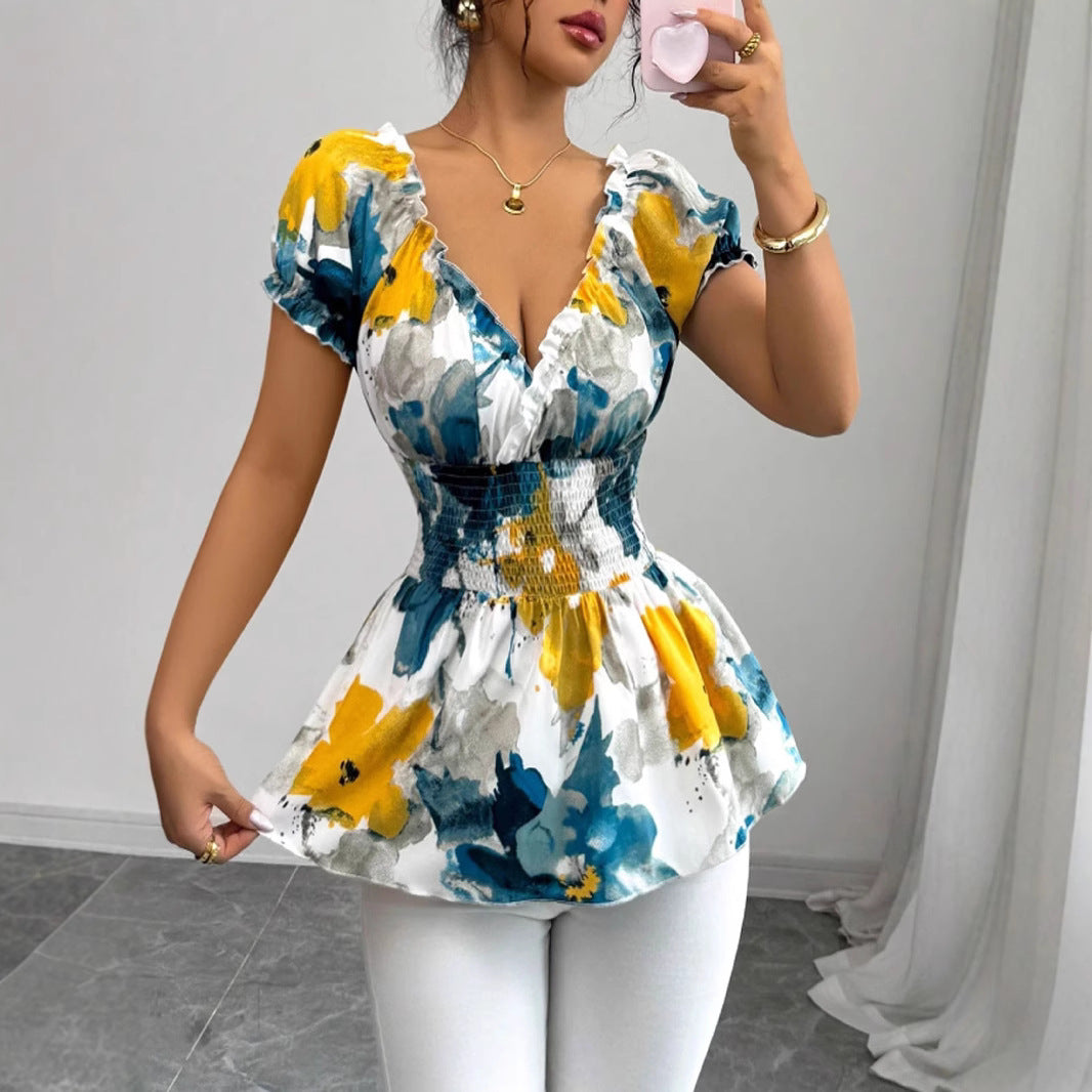 Dam Blus Blommönster Mjuk Polyester Korta Puffärmar 2