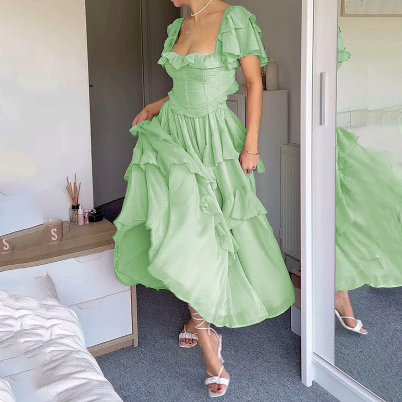 Flickors Prinsessklänning U-ringning Rüschenkant Elastan Midikjol-3