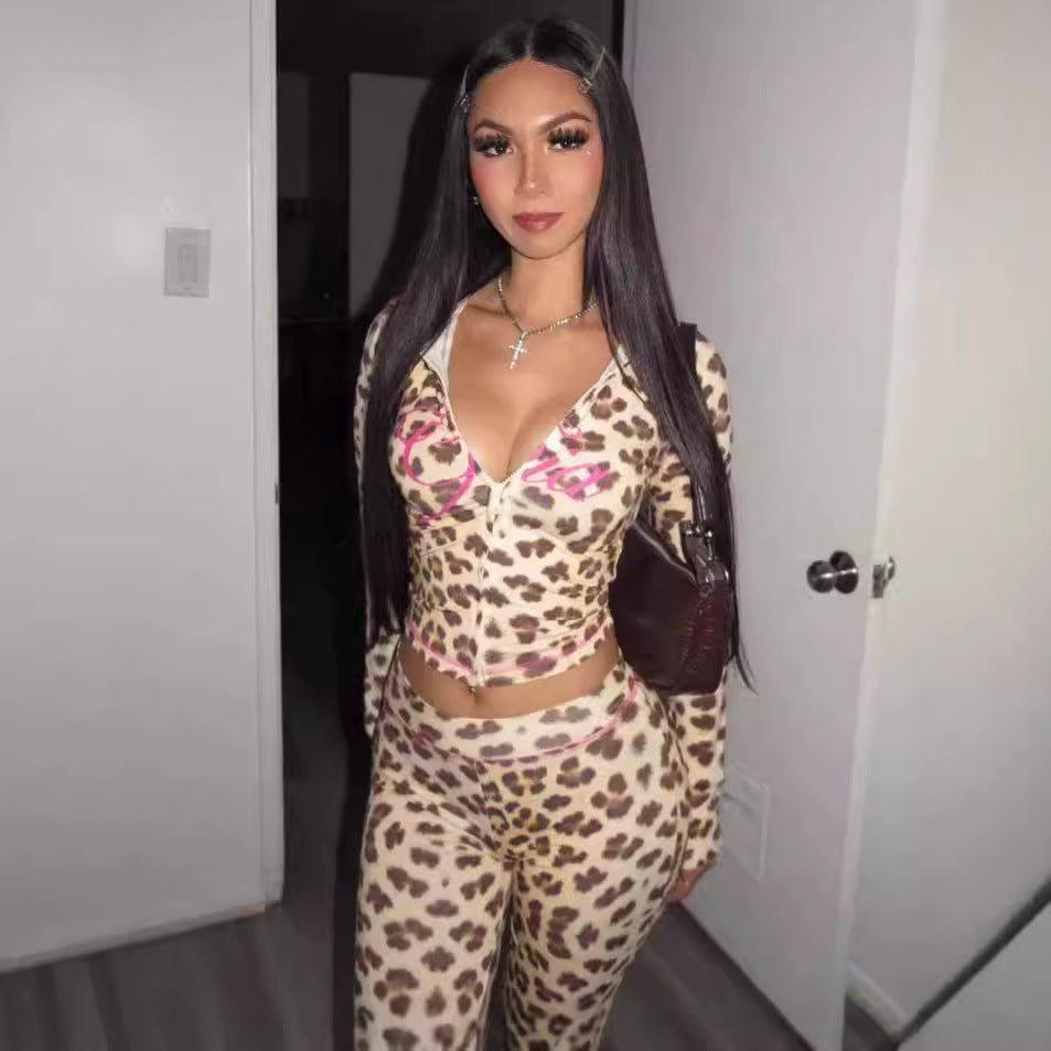 Lång Kofta Dam Leopardmönster Mjölksilke Streetwear-2