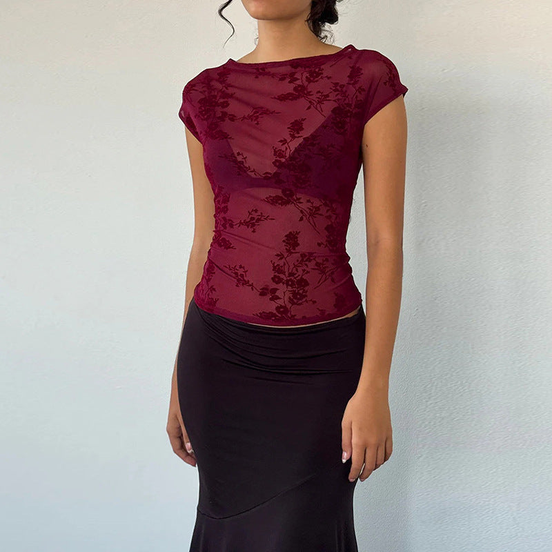 Kvinnors Blommönstrad Topp Transparent Andningsbart Tyg 2