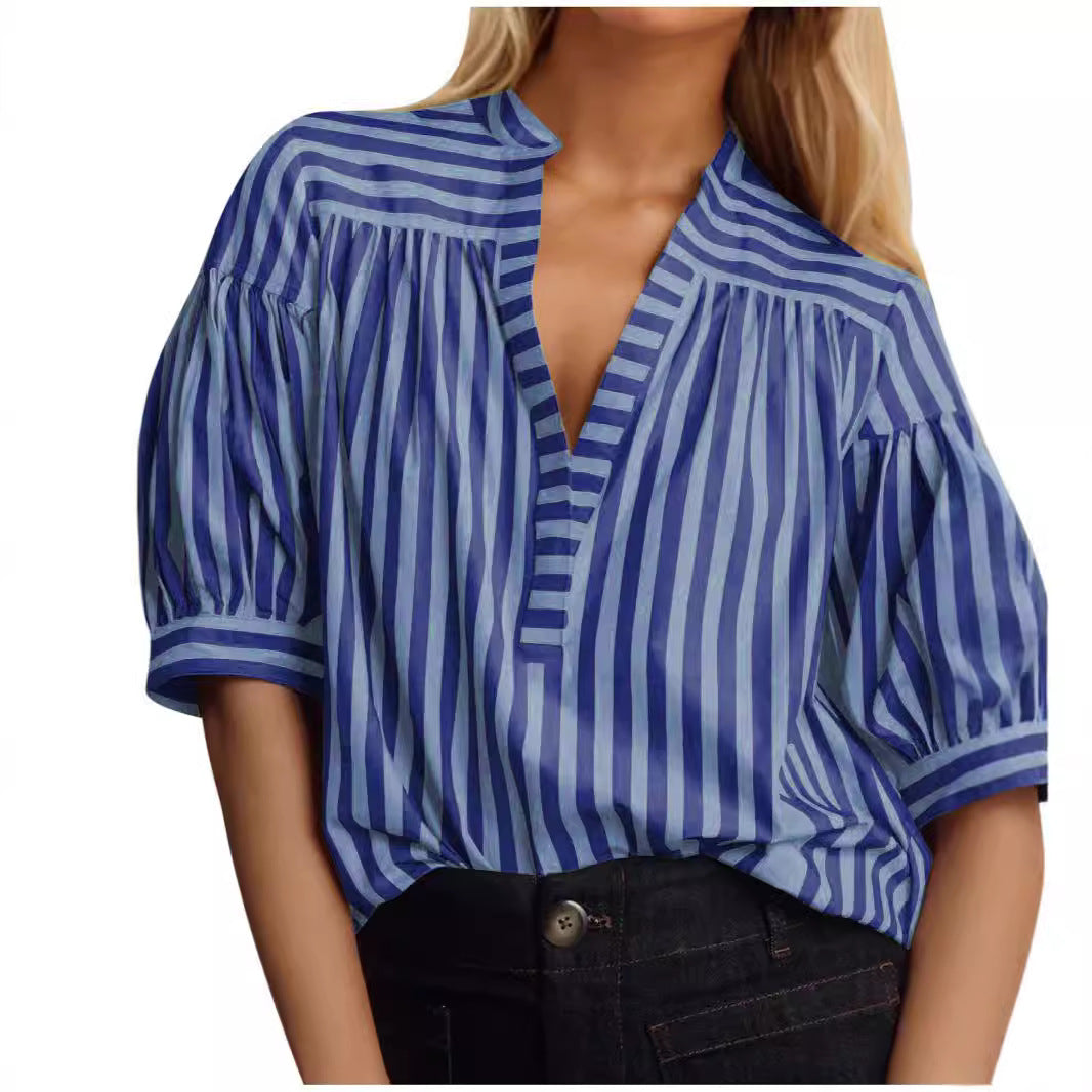 Dam V-hals Topp Randig Lapptäcke Chiffon-5