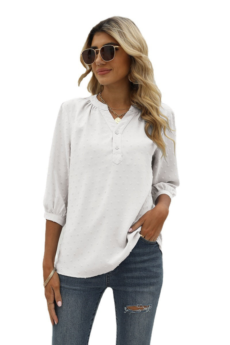 Dam Skjorta i Jacquard med Ståkrage och Halvlånga Ärmar – Lös Passform och V-neck Design 7