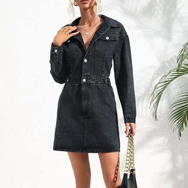 Variant image for Dam Denim Klänning Långa Ärmar Knappdetaljer i Högkvalitativ Denim-1