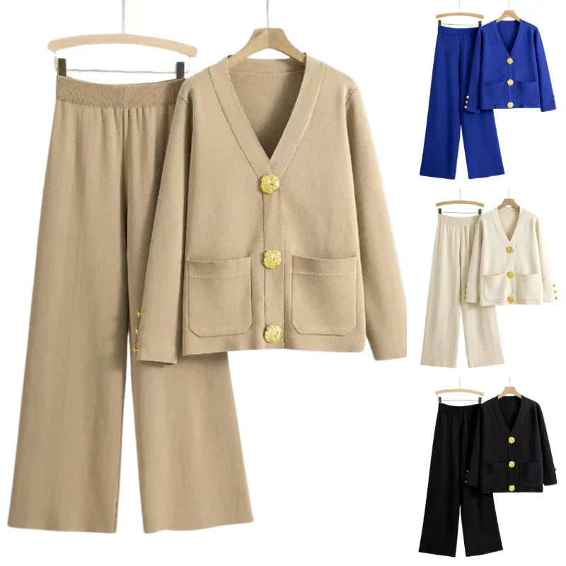 Dam Koftabyxor Set V-ringning Tygblandning Vid Ben-6