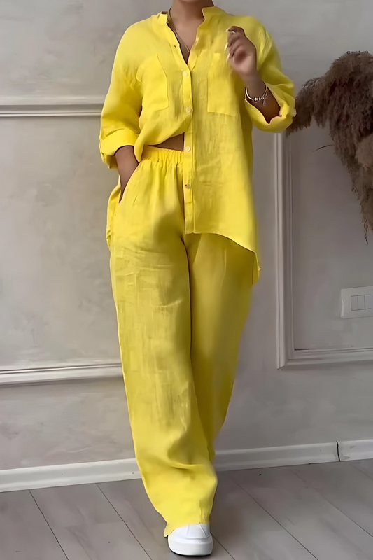 Elegant Minimalistiskt Linne Set för Damer – 100% Linne Blus och Byxor, Bekväm Passform, Perfekt för Alla Tillfällen 1