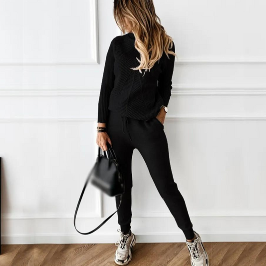 Dam Loungewear Set Randig Turtleneck och Elastiska Byxor Mjuk Blandning 1