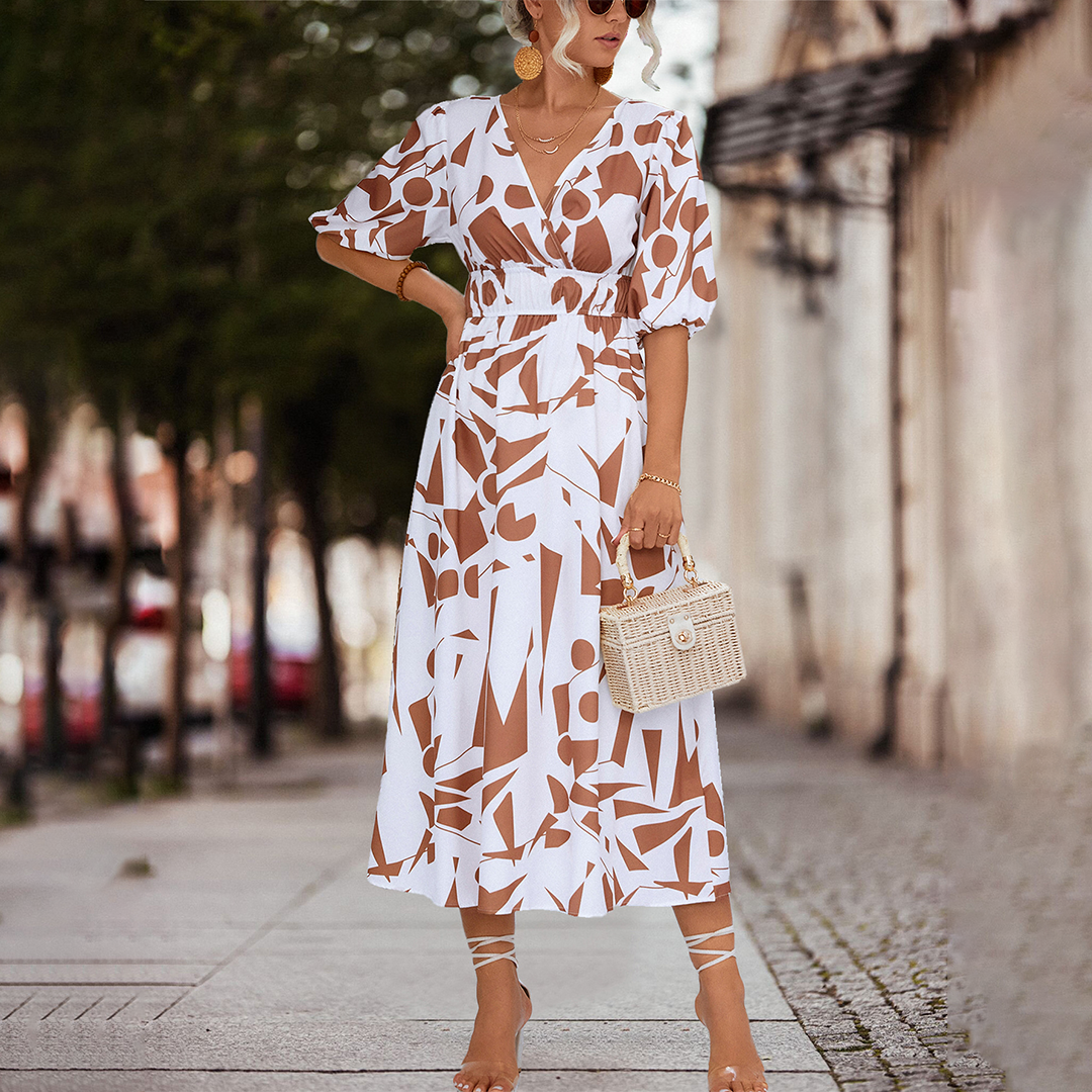 Kvinnors Midi Klänning V-ringning Polyester med Puffiga Ärmar-2