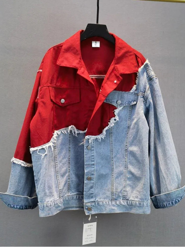 Damjacka Överdimensionerad Denim Patchwork Design 2