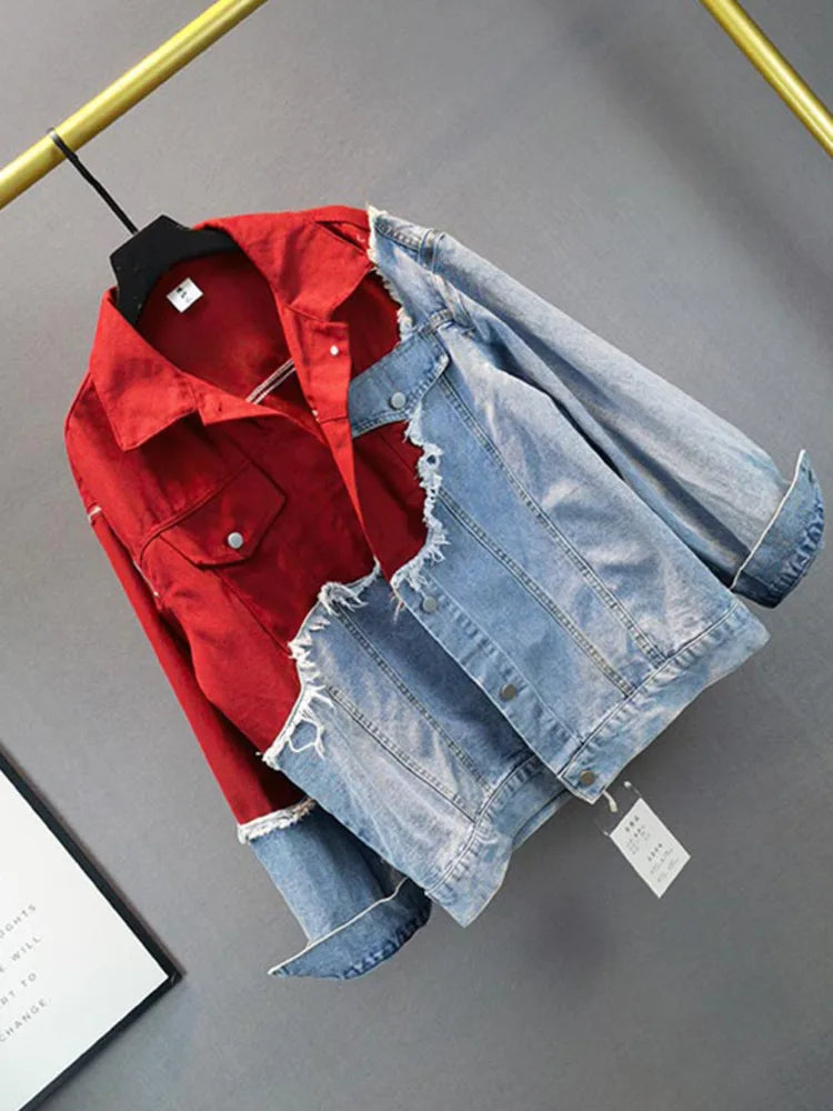 Damjacka Överdimensionerad Denim Patchwork Design 4