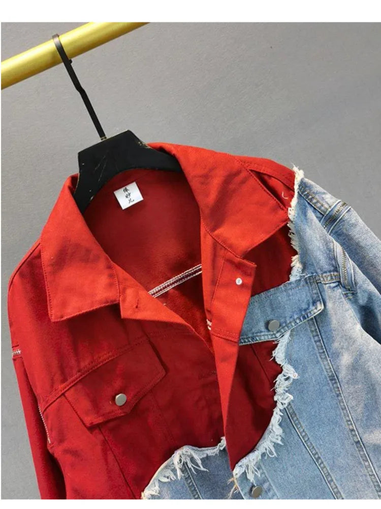 Damjacka Överdimensionerad Denim Patchwork Design 6