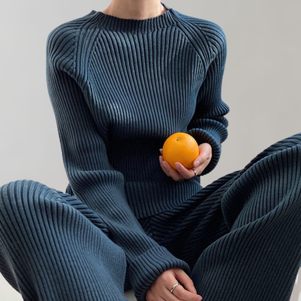 Kvinnors Tvådelad Uppsättning Ribbad Tröja och Byxor Ribbade Tyger-2