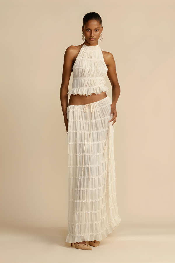 Dam Tvådelad Outfit Halter Cutout Crop-Top och Högmidjade Byxor Polyester-1