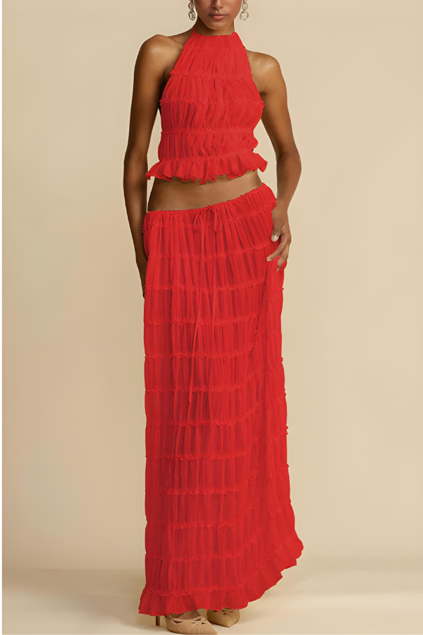 Variant image for Dam Tvådelad Outfit Halter Cutout Crop-Top och Högmidjade Byxor Polyester-21