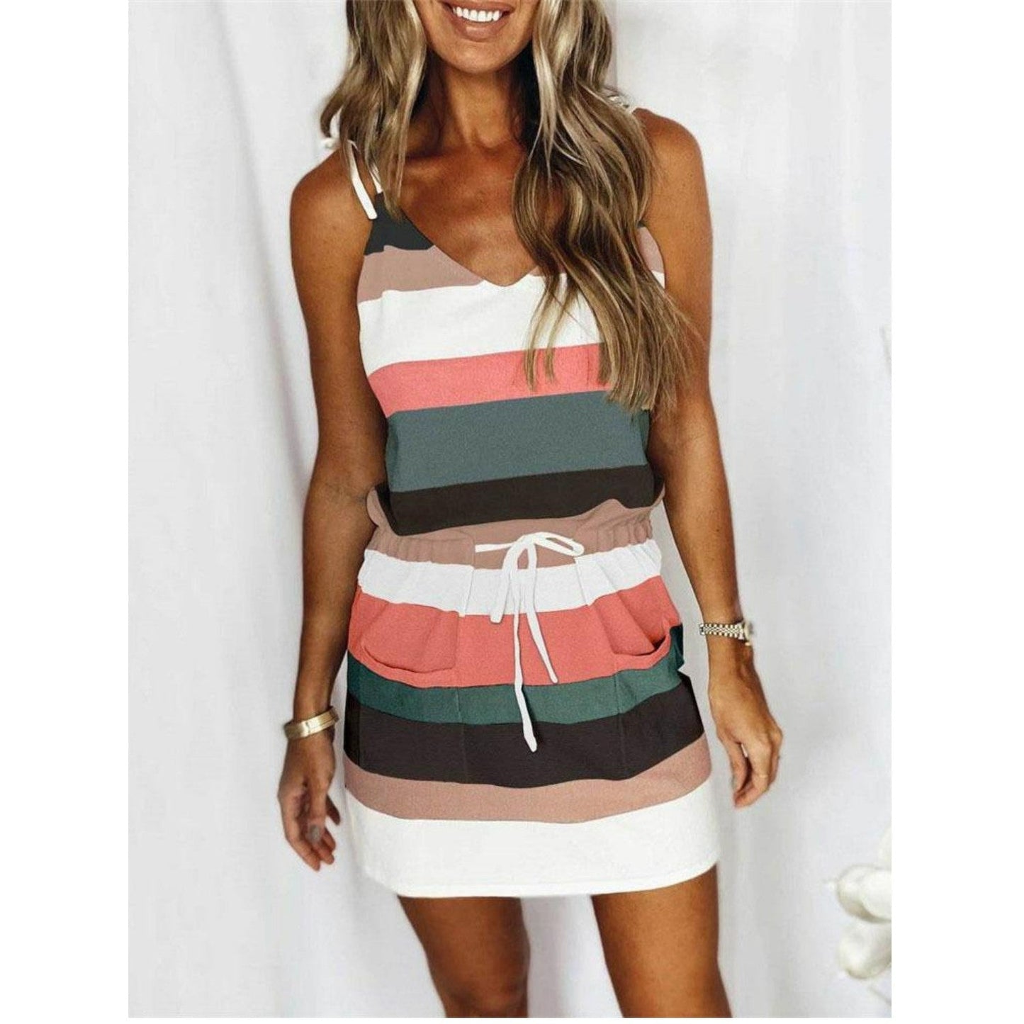 Sommarklänning Dam Lätt Randig V-Ringning Andningsbart Tyg-2