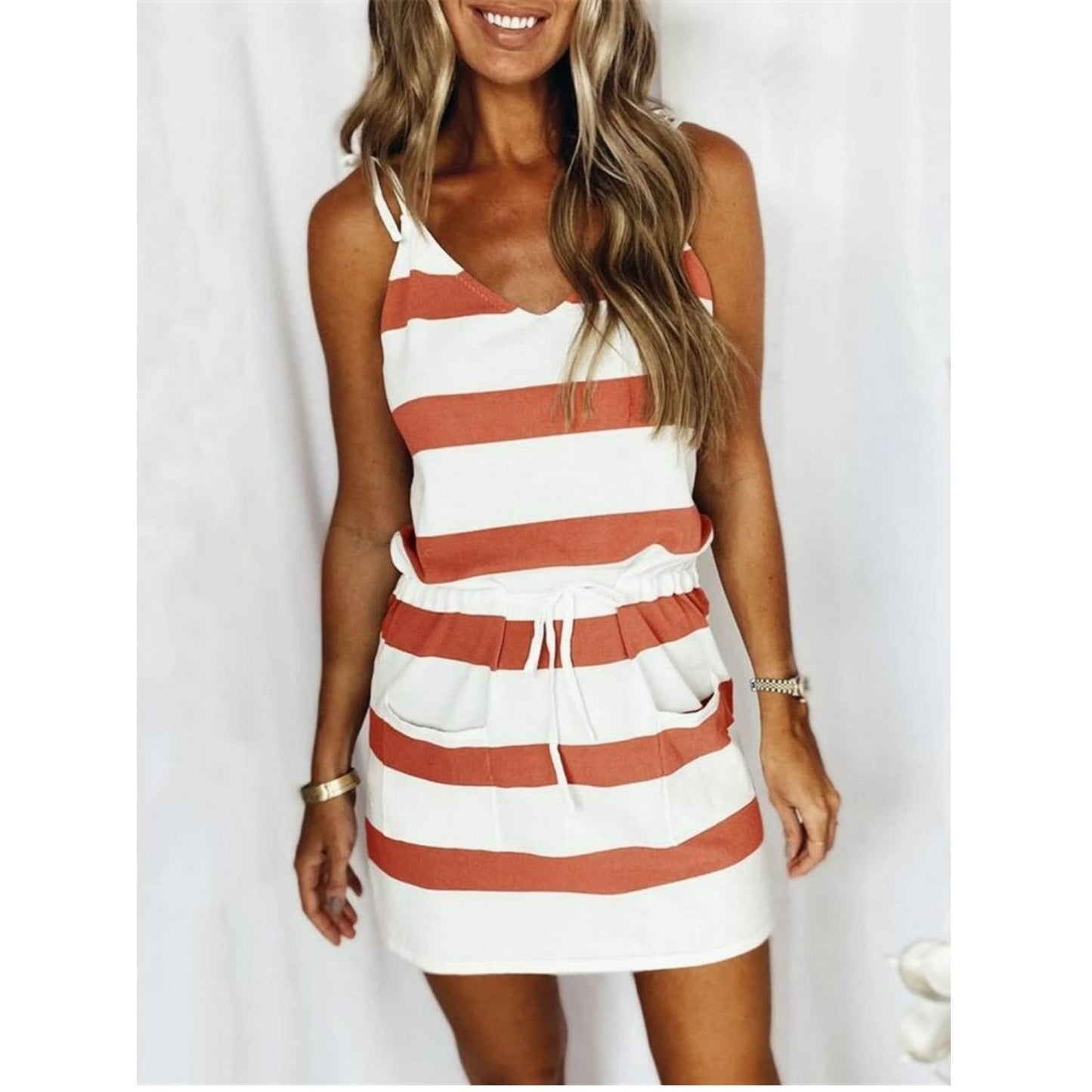 Variant image for Sommarklänning Dam Lätt Randig V-Ringning Andningsbart Tyg-13