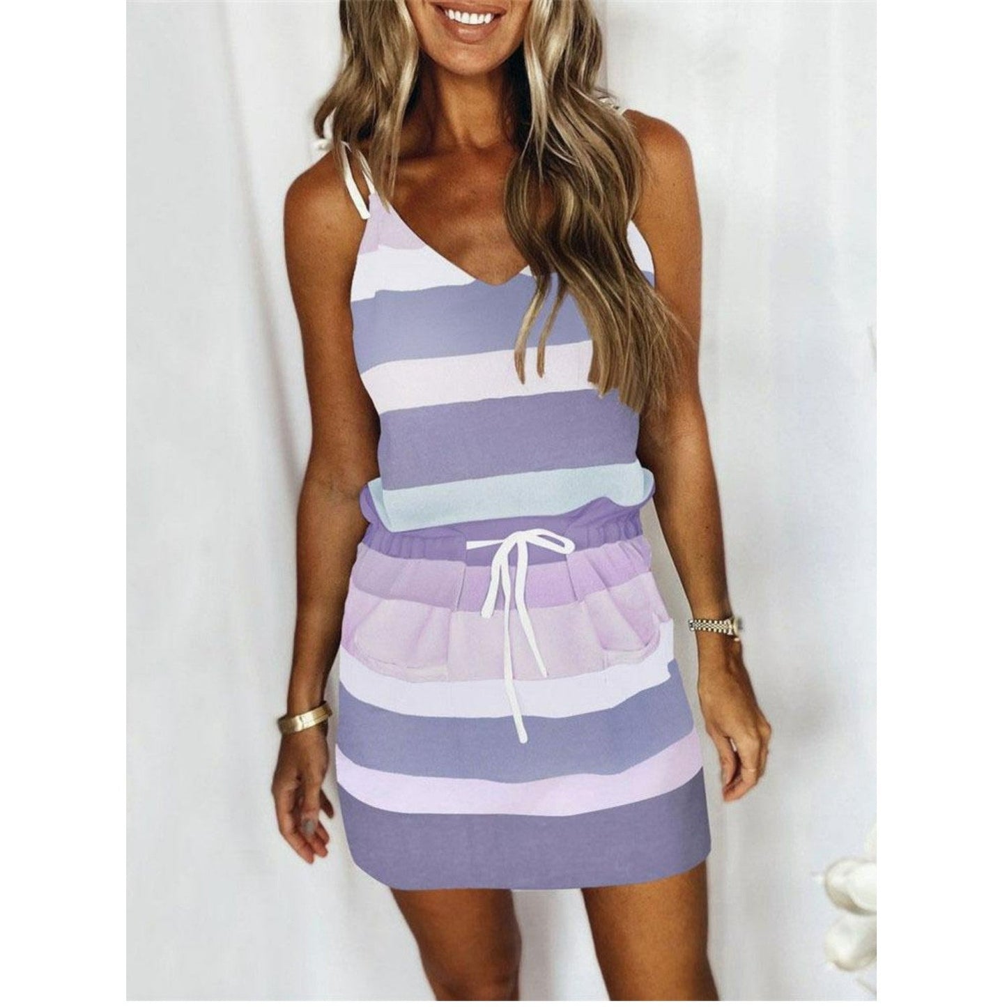 Sommarklänning Dam Lätt Randig V-Ringning Andningsbart Tyg-5