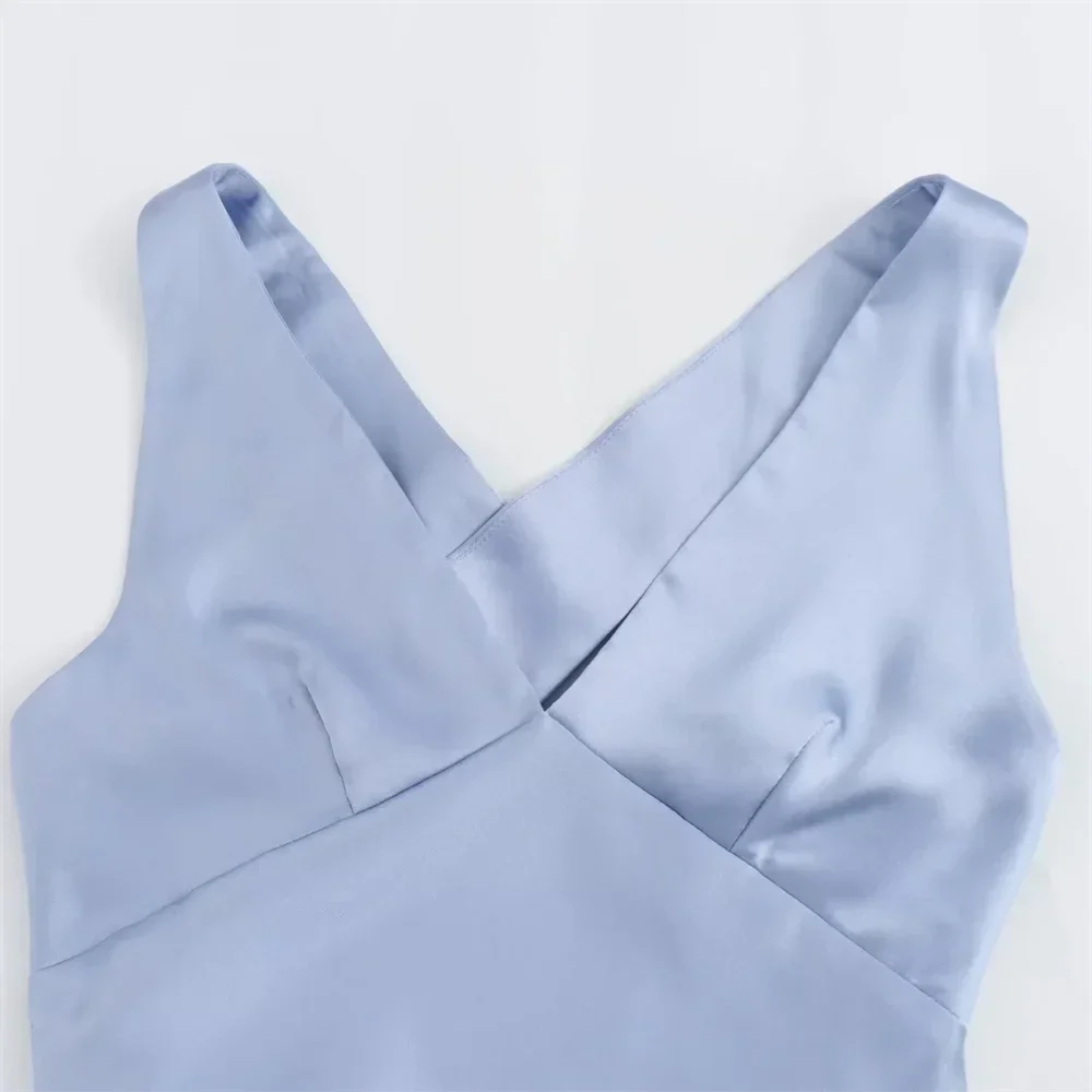 Dam Klänning Lång Slim Fit Siden Satin V-Hals Elegant 3