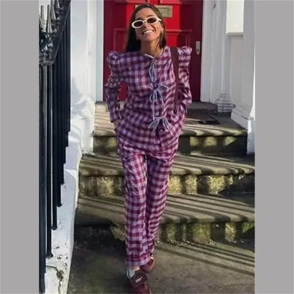 Herr Rutig Skjorta Bredbyxor Polyester Normal Passform-2