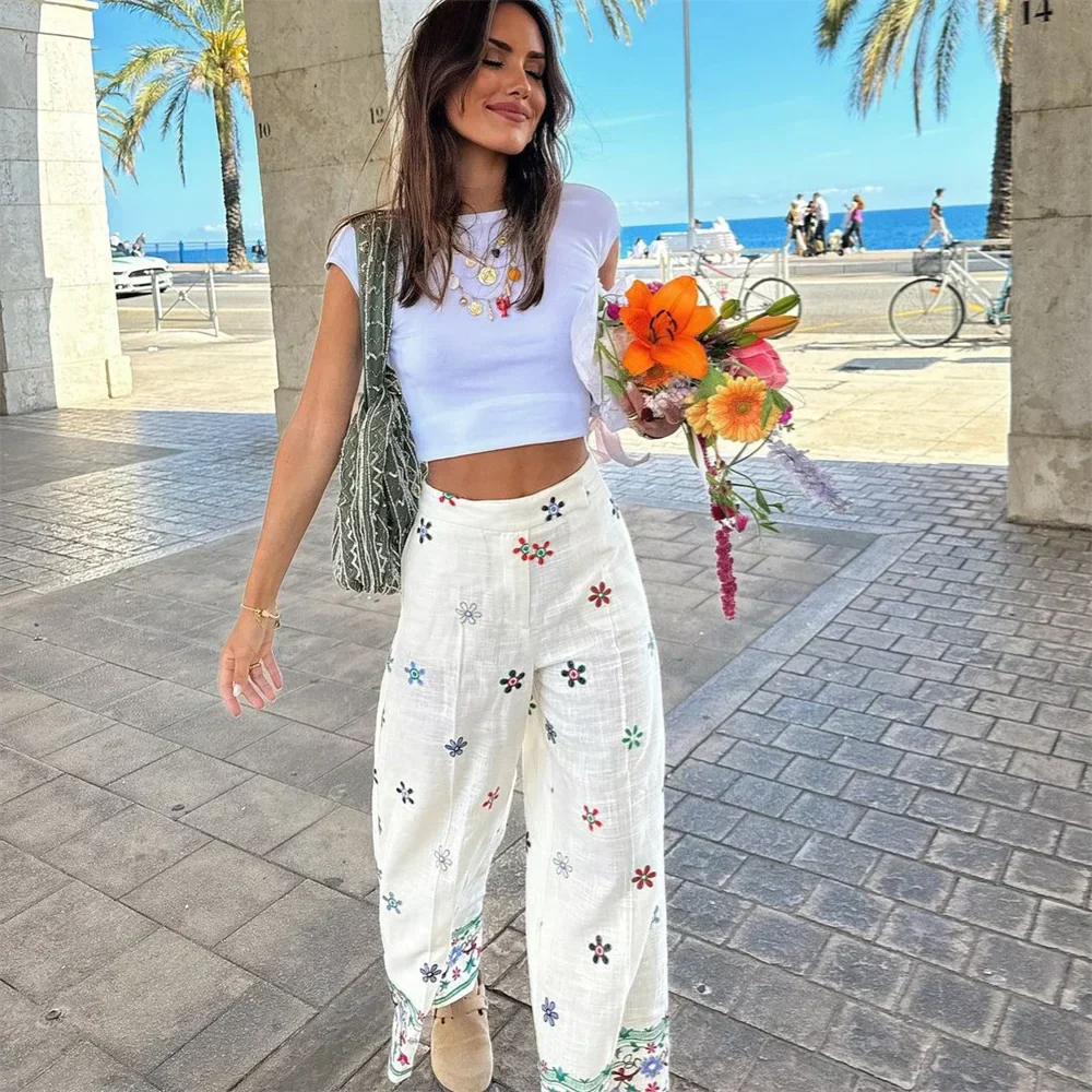 Dam Fritidsbyxor Löst Passform Blommig Broderad 100% Bomull-3