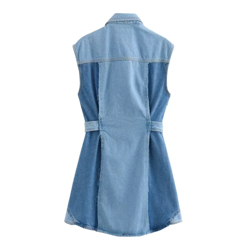 Dam Kort Ärmlös Denim Topp Avslappnad Stil Denim-5