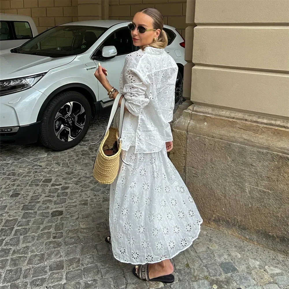 Dam 2-delad Set Broderad Blus och Byxor i Lätt Bomull för Sommarkläder-3