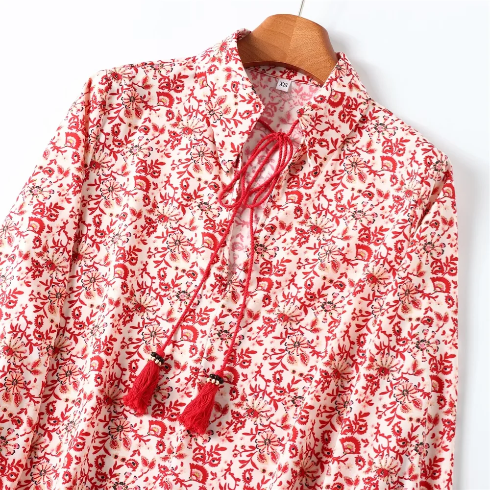 Dam Skjorta Löst Sittande Tryckt 100% Bomull-6