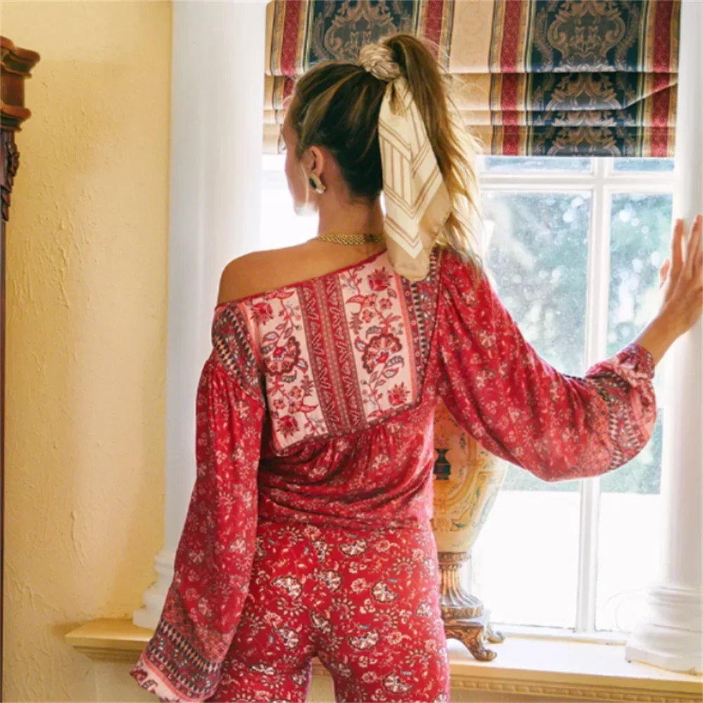 Dam Skjorta Långärmad Tryckt V-Ringning 100% Bomull-5