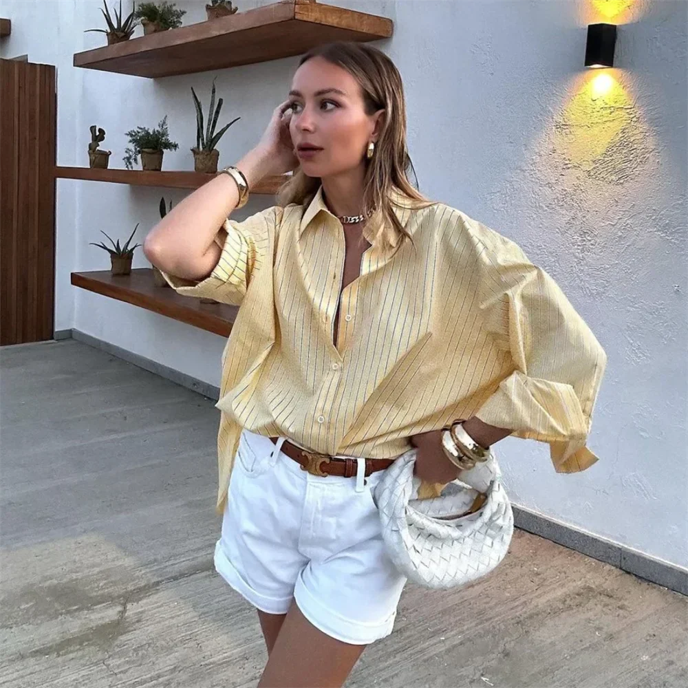 Dam Casual Set Randig Skjorta och Högmidjade Jeansshorts Bomull 2