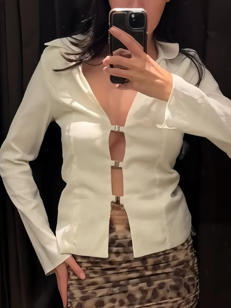 Dam Skjorta V-ringning Enfärgad Polyester-2