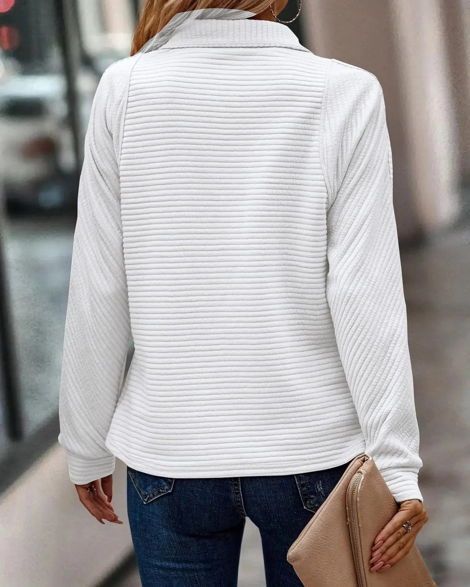 Dam Långärmad Tröja Löst Fit Halv Zip 100% Bomull-6