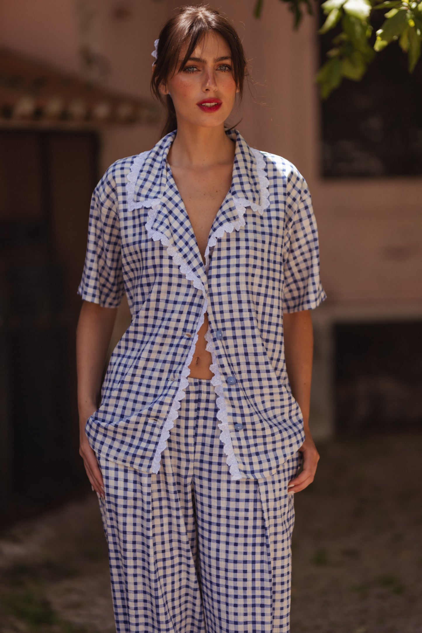 Dam Skjorta Oversized Vichy Mönster Viskos och Linne-4