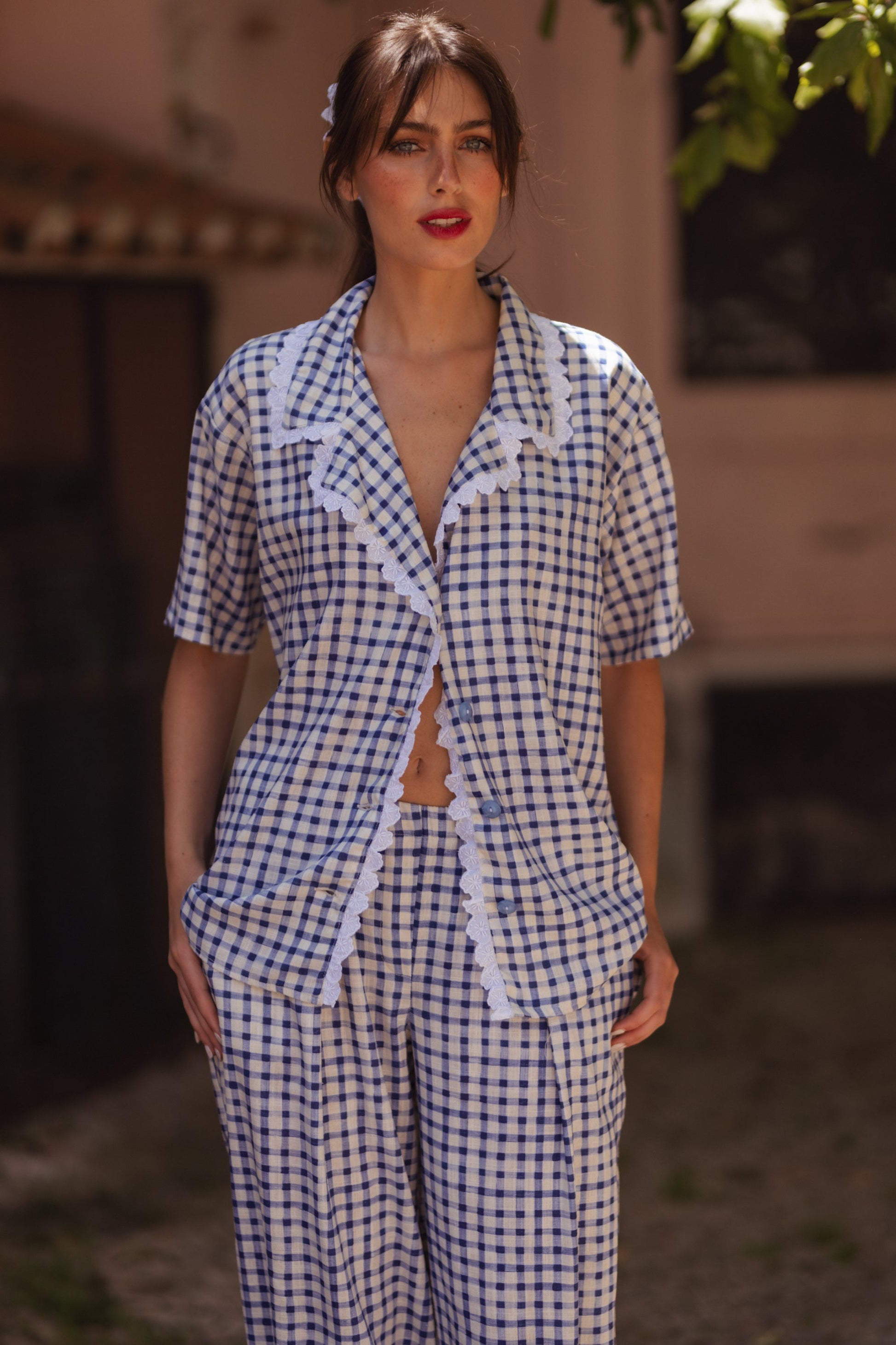 Dam Skjorta Oversized Vichy Mönster Viskos och Linne-4