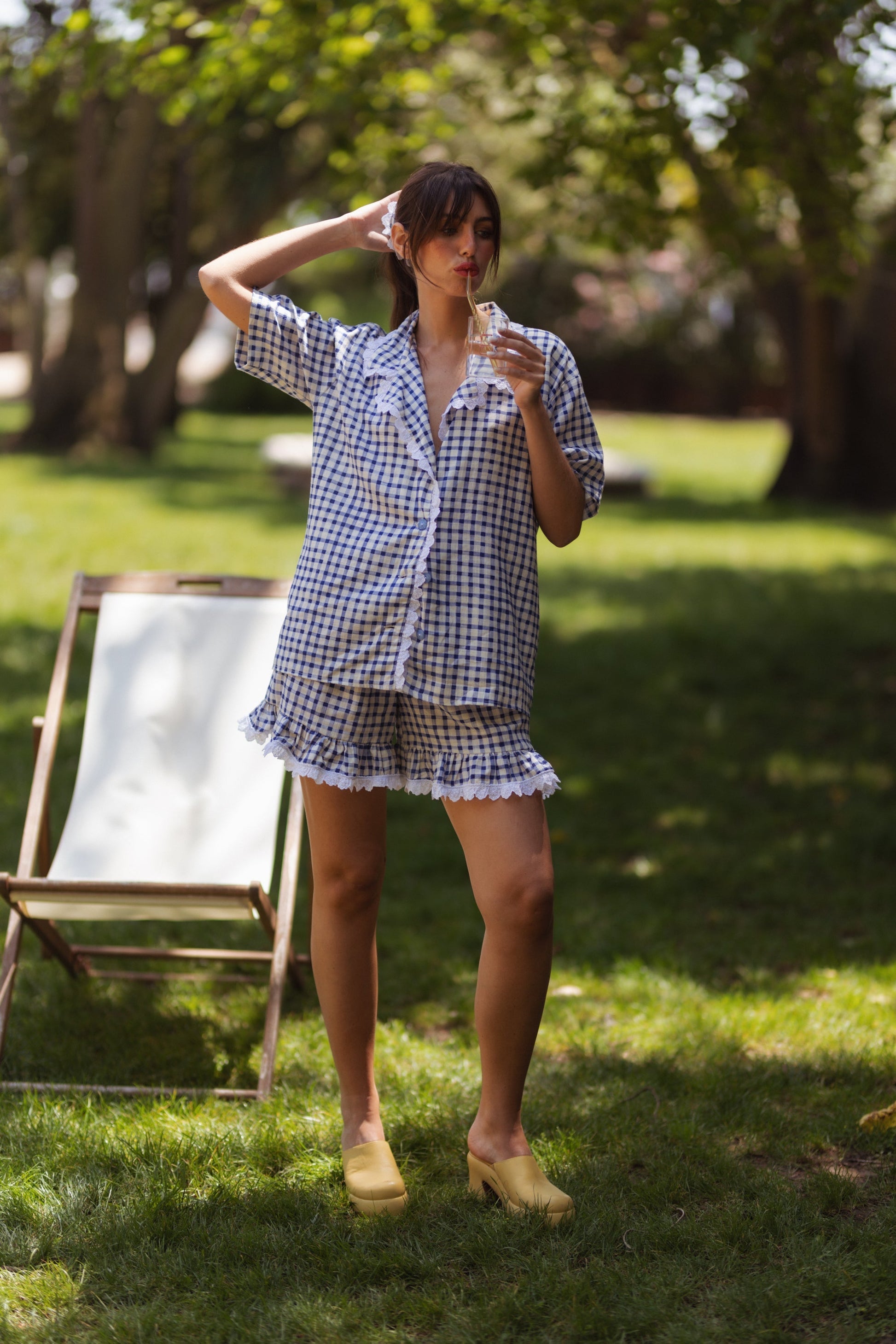 Dam Shorts Vichy Mönster Viskos och Linne med Elastisk Midja-6
