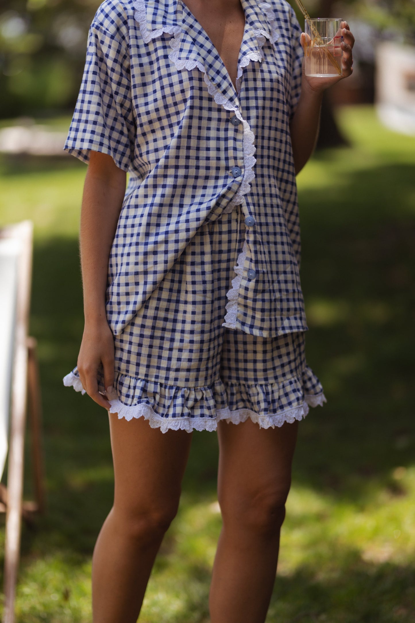 Dam Shorts Vichy Mönster Viskos och Linne med Elastisk Midja-4