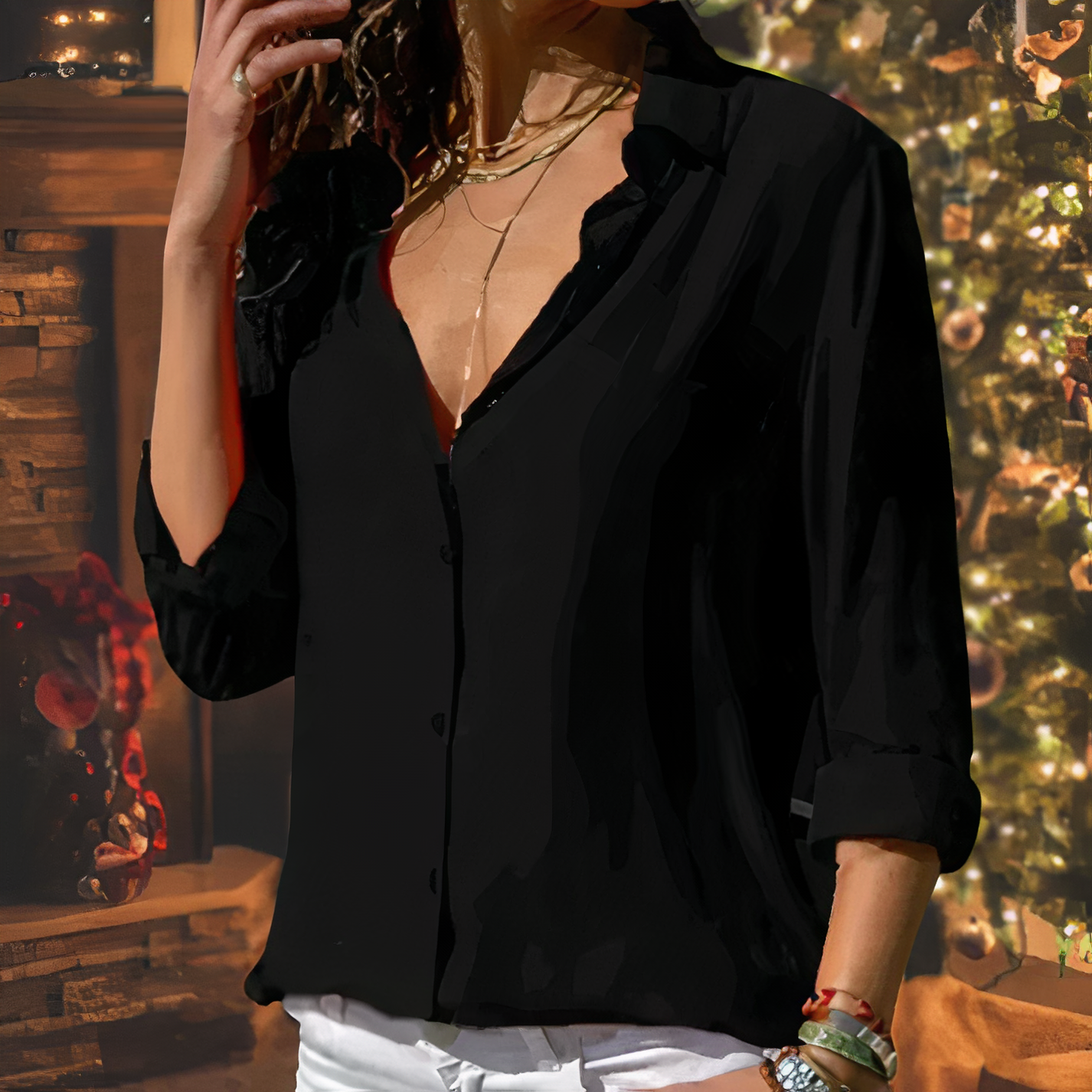 Dam Blus Draperad Chiffong Lätt Elegant-4