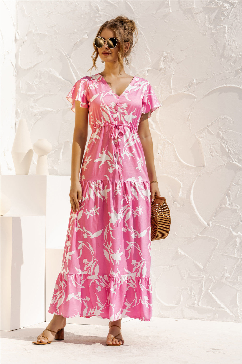 Variant image for Dam Klänning Kortärmad V-hals Blommönster Andningsbart Tyg-6