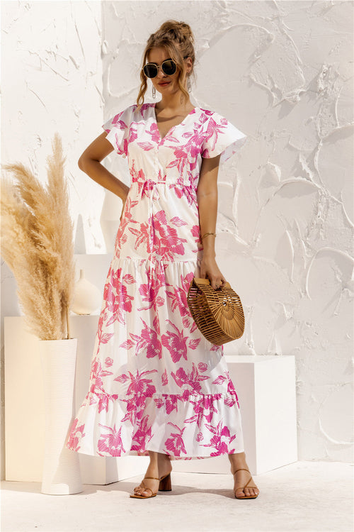 Dam Klänning Kortärmad V-hals Blommönster Andningsbart Tyg-1