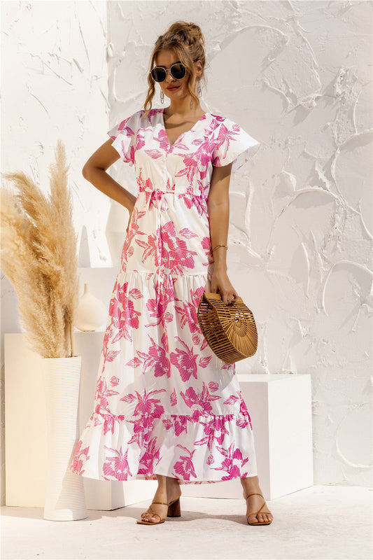 Dam Klänning Kortärmad V-hals Blommönster Andningsbart Tyg-1