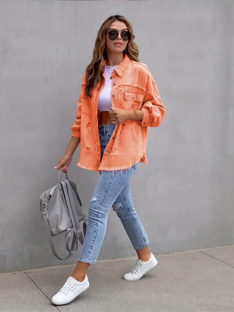 Kvinnors Denimjacka Trasig Stil Högkvalitativ Denim-3