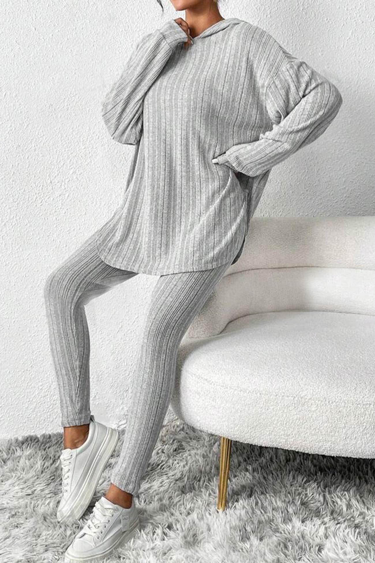 Damleggings med Huva Ribbade Detaljer Hållbar Bomull-3