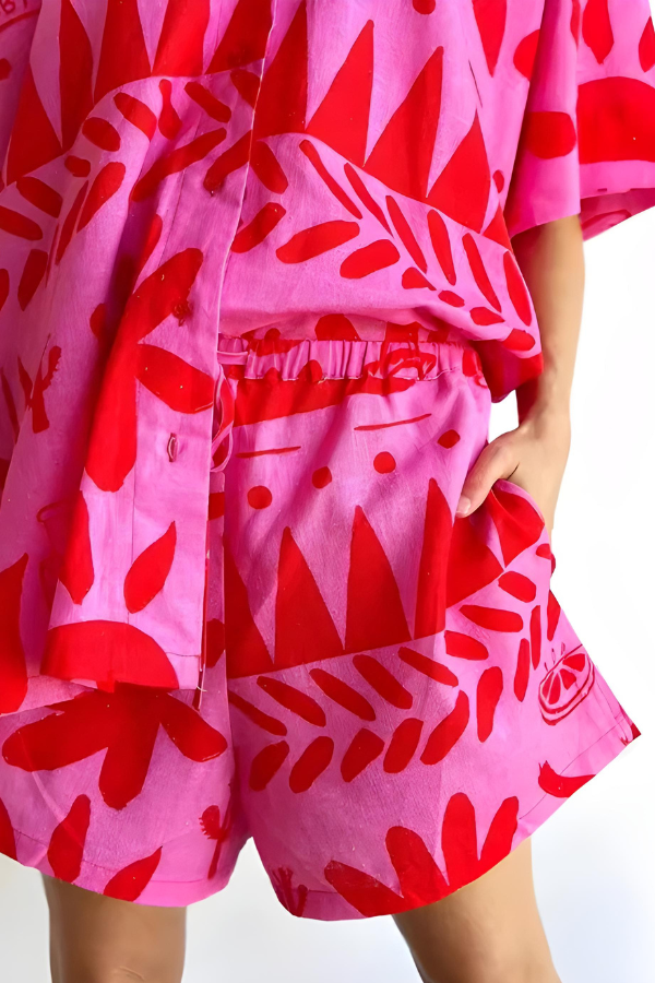 Dam Tropical Set Avslappnad Skjorta och Shorts 100% Bomull-3