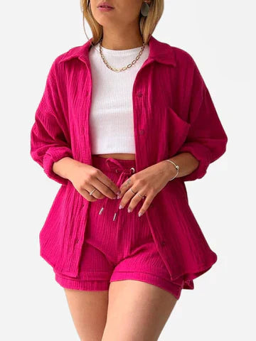 Dam Loungewear Set Avslappnad Bomull Reversibel Topp och Shorts 4