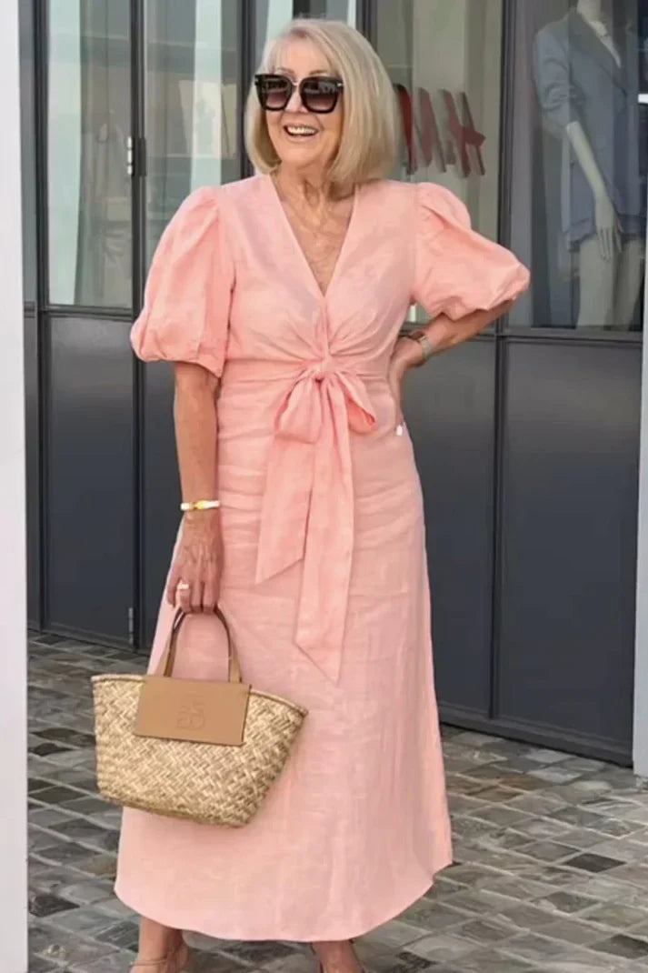 Damklänning V-hals Puffärmar Bomull Fina Dam Klänningar 7