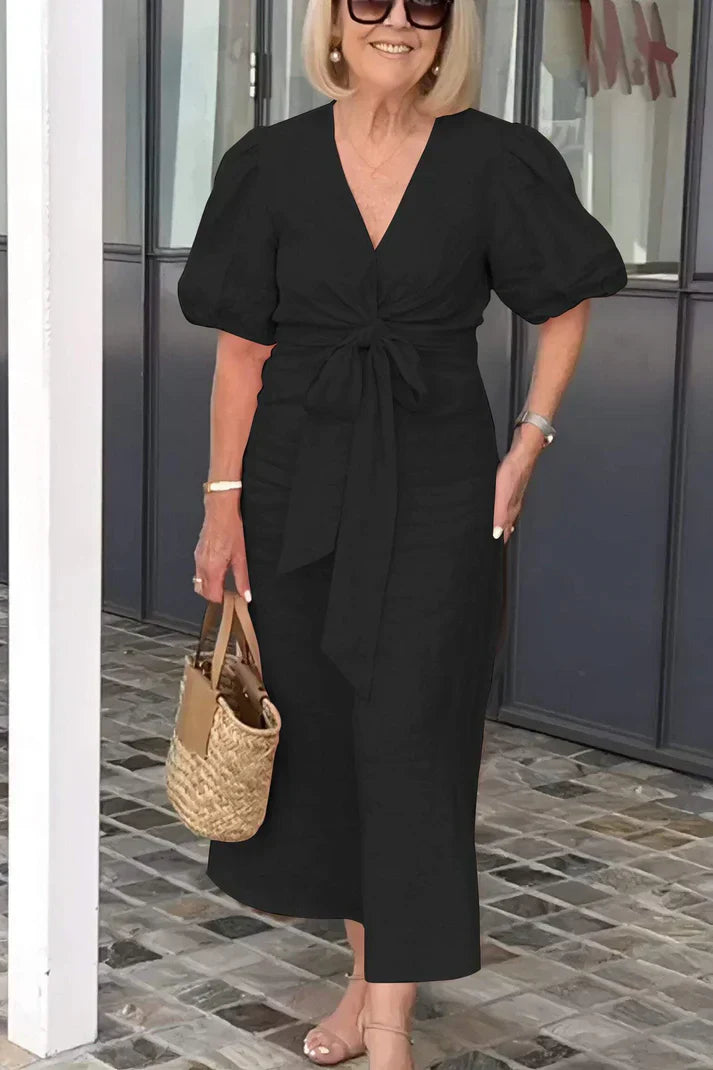 Damklänning V-hals Puffärmar Bomull Fina Dam Klänningar 13