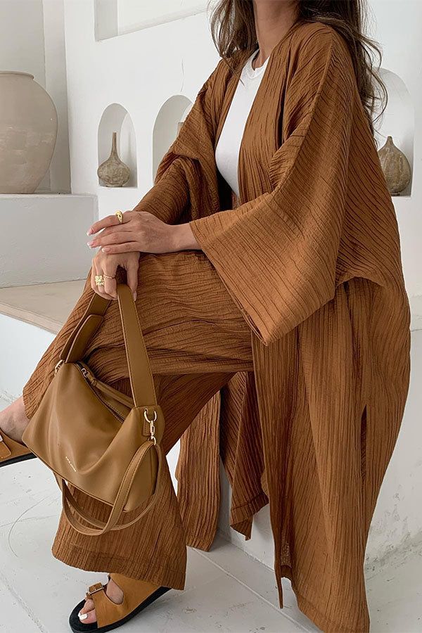 Mjukisset Dam Avslappnad Cardigan och Byxor Mjuk Polyester-Bomull-2