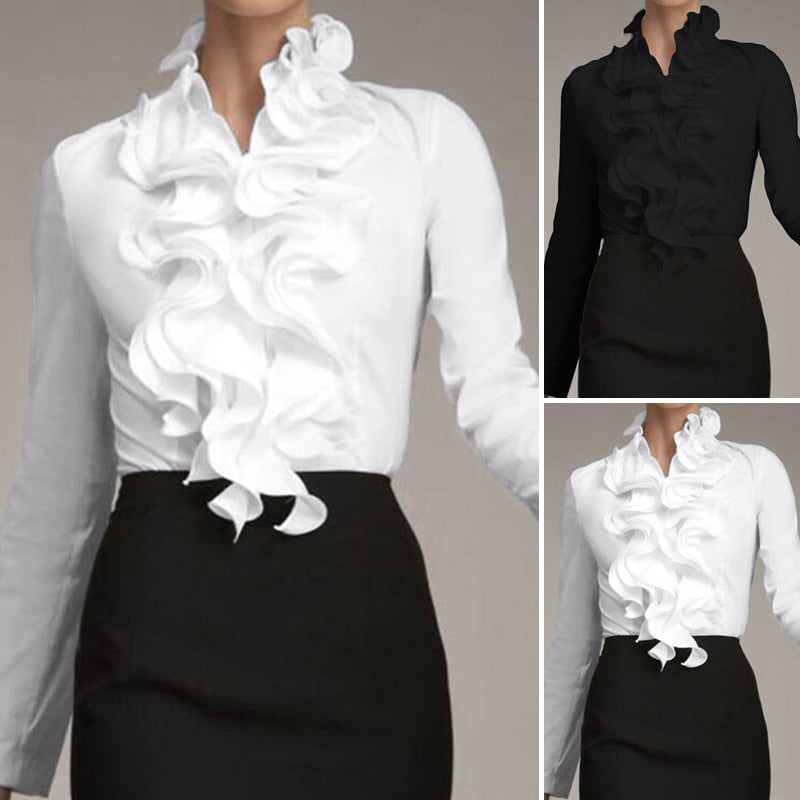 Vit Dam Blus Ruffled Polyester med Stand-Up Krage-2